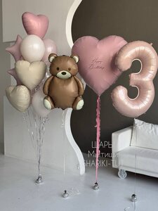 Шары для девочки на 3 года, розовые и бежевые, с Мишкой