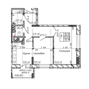 1-комнатная квартира, 51,19 м2