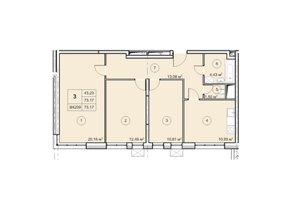 3-к. квартира - 73,17 кв.м
