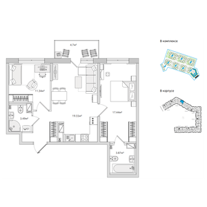 Трёхкомнатная (евро), 65,68 м²