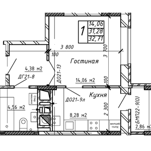 1-комнатная квартира, 32,71 м2