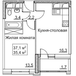 1-комн. кв, площадь 35,5м²