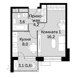 1-комнатная, 33,5 м²