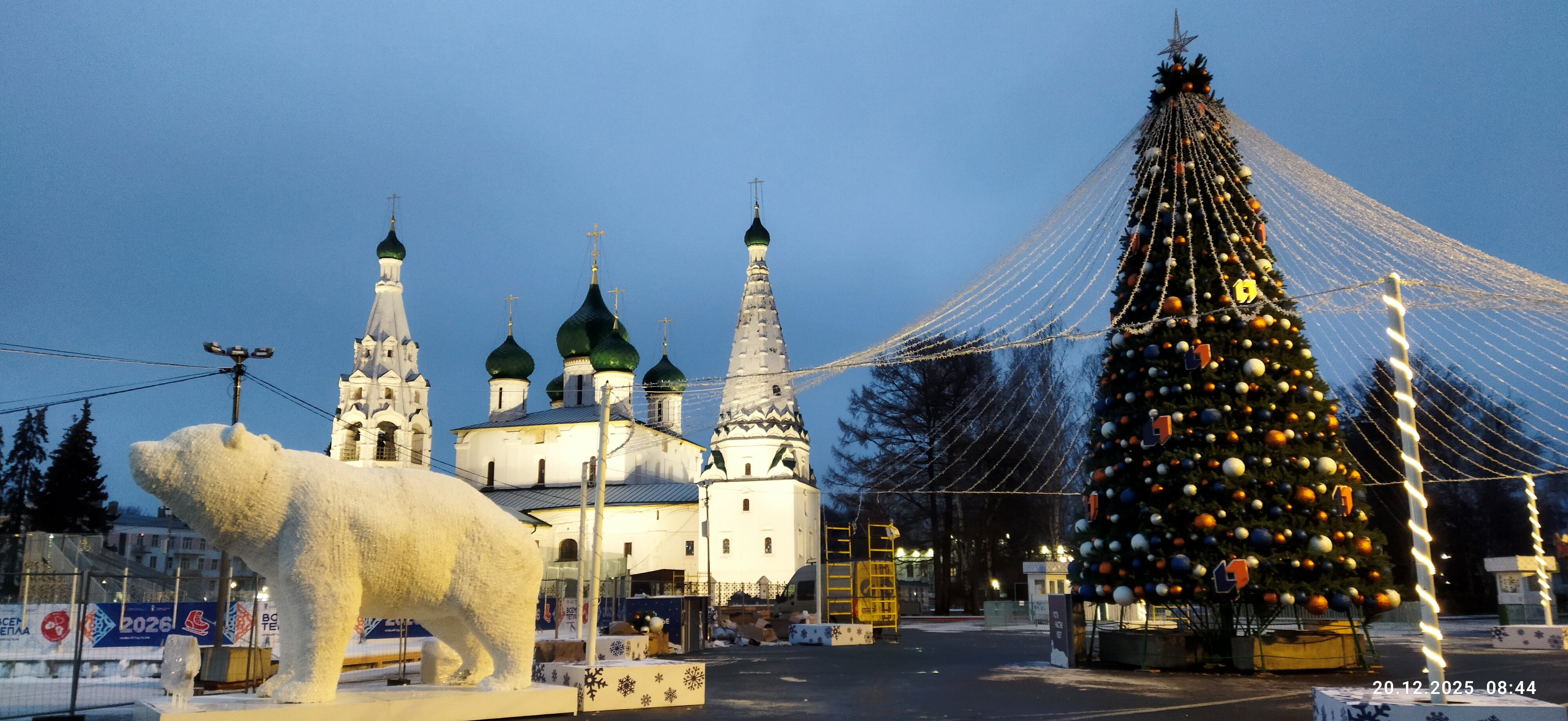 Советская площадь: главная ель под световым шатром и сверкающий медведь




