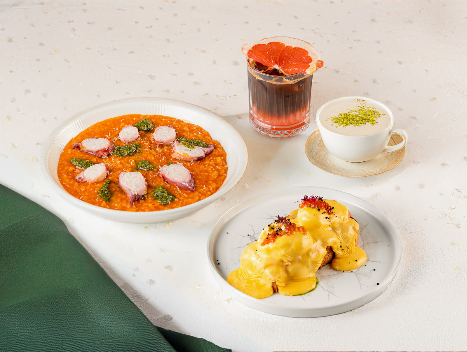 Eggs benedict, porridge with octopus, pistachio raf, ice frutochino with grapefruit