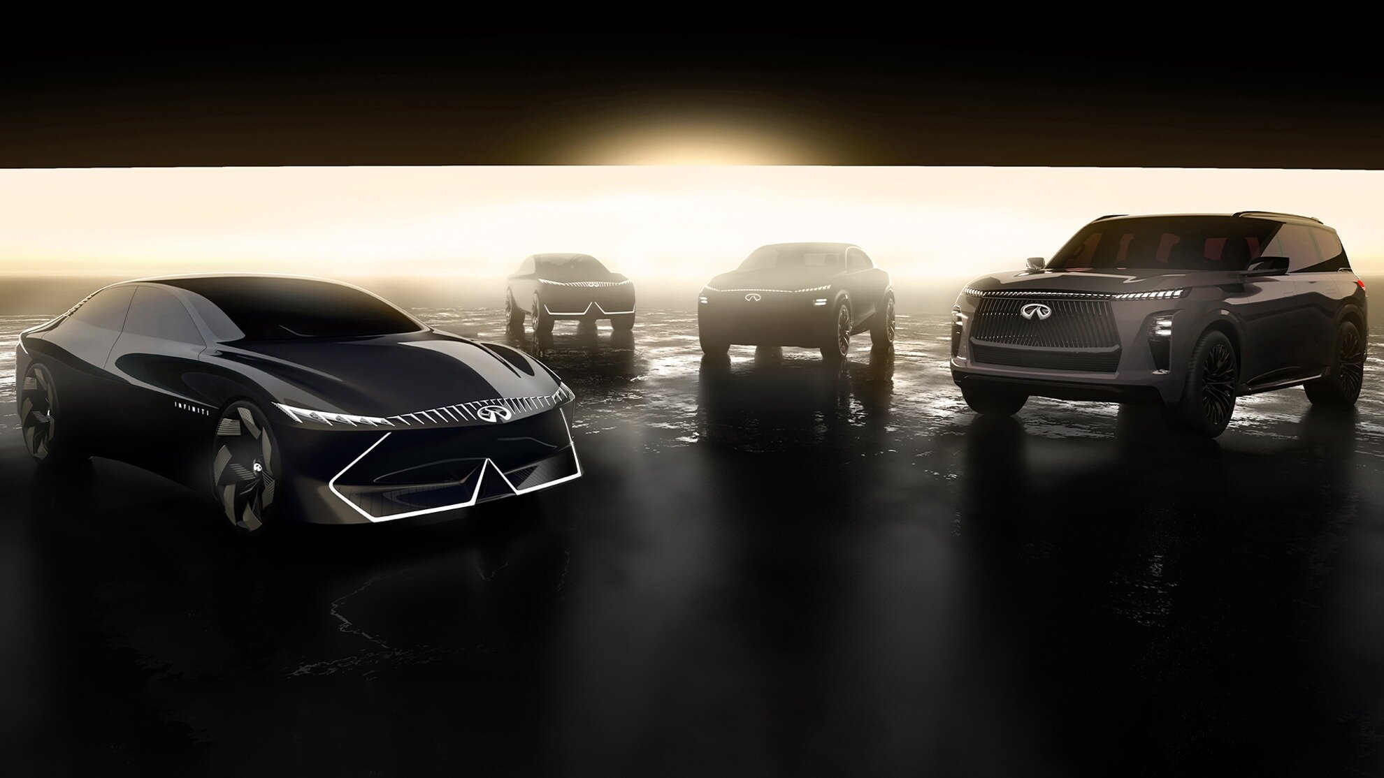 Infiniti показала на тизере четыре новинки — два электрокара, большой кроссовер и кросс-купе