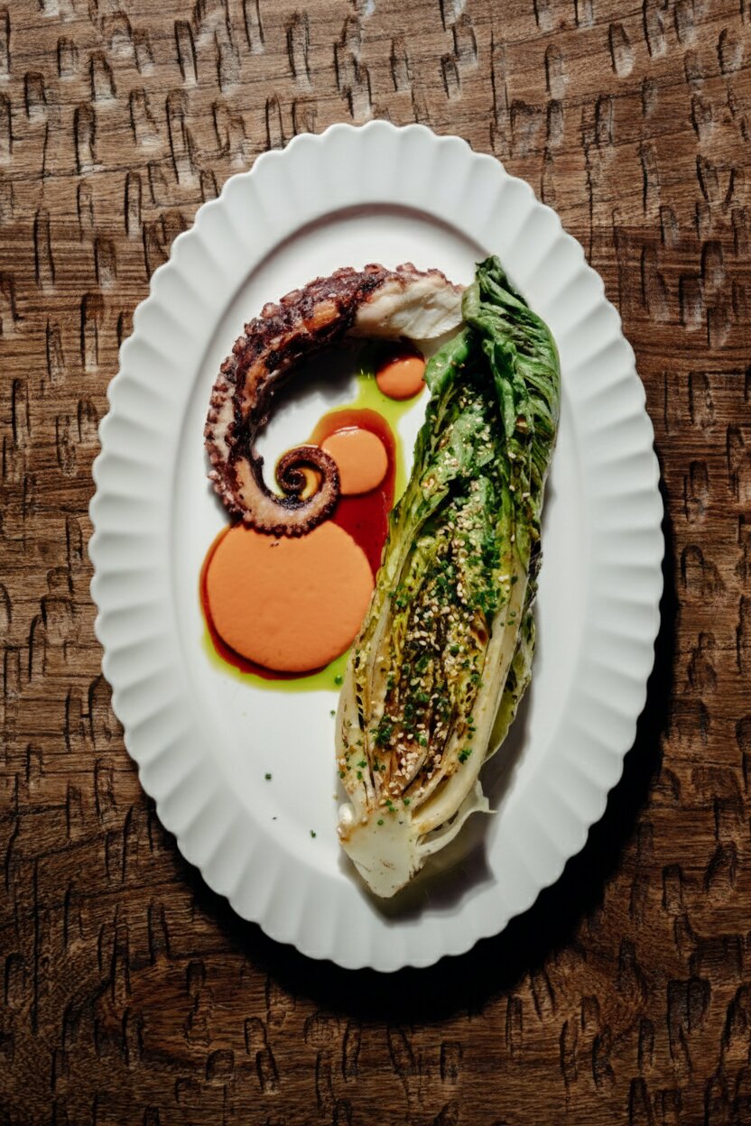 Осьминог с соусом из запеченного перца