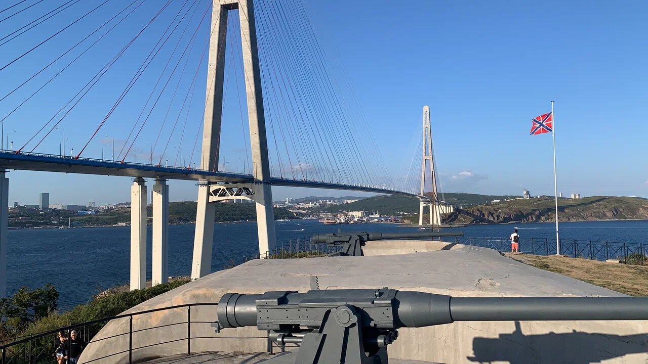 Лучшие ракурсы на Русский мост открываются с Новосильцевской батареи на острове Русском.