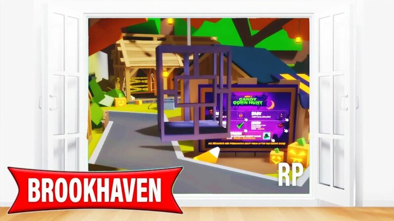 Video preview showing a previous Brookhaven Halloween update and Candy Corn Hunt menu