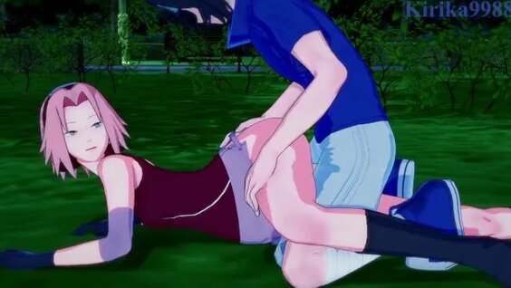 Sakura Haruno and Sasuke Uchiha have intense sex in a park at night.  