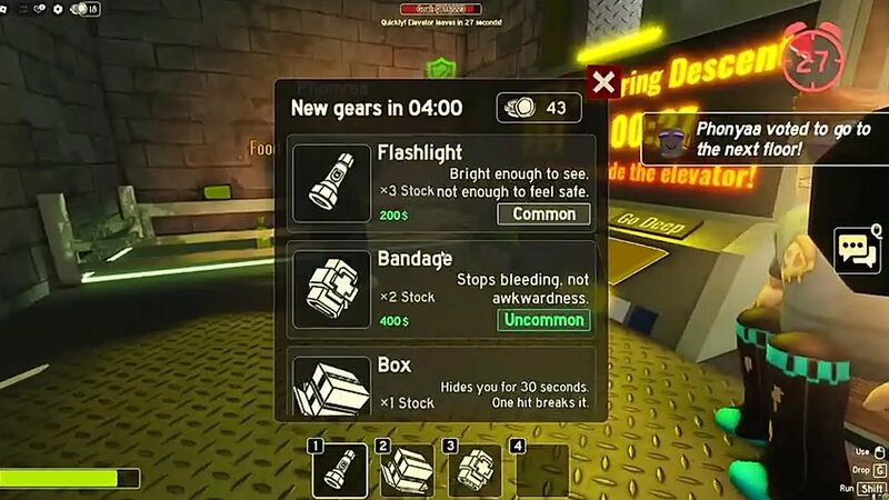 Roblox horror game gear shop showing a bandage item and currency, included as a general interface comparison