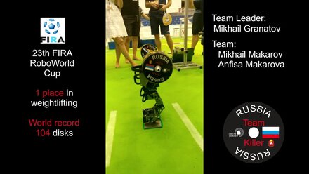 Робот - тяжелоатлет на FIRA RoboWorld Cup, 2018 - Team Killer, 1 place World record in weightlifting