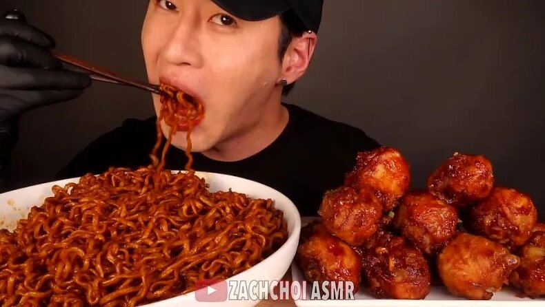 ASMR Black BEAN FIRE Noodles & BBQ Chicken Mukbang (No Talking) Eating ...