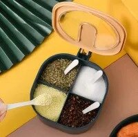 pice 4 In 1 Partition Kitchen Seasoning Box Masala Box Set 4 Grid Portion Spice Jar Container Square Pepper Pot Box Spice Rack Kitchen Storage 4 Compartments Salt Box Achar Jar Dry Fruits Box Soup SpicesSalt Sugar Cruet with Cover and Spoons