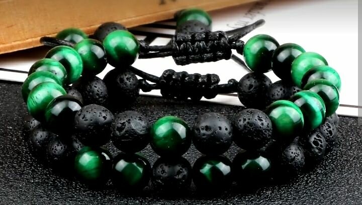Bracelet pièrre de lave + oeil de tigre vert