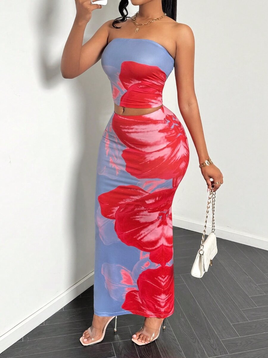 Robe longue florale sans bretelles