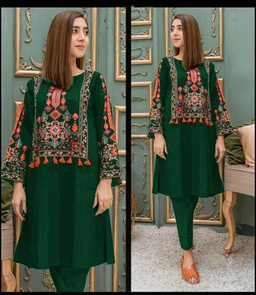 2 Pcs women's Stitched linen embroidery shirt Trouser