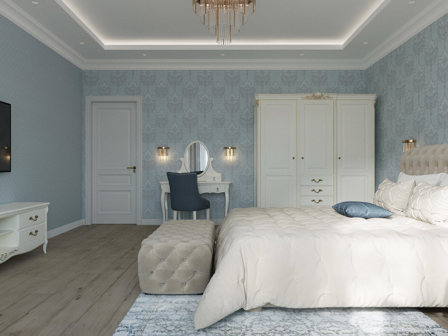спальни luxury неоклассика, спальни в стиле неоклассика, спальни неоклассика, бежево голубая спальня, спальня в бело голубом цвете