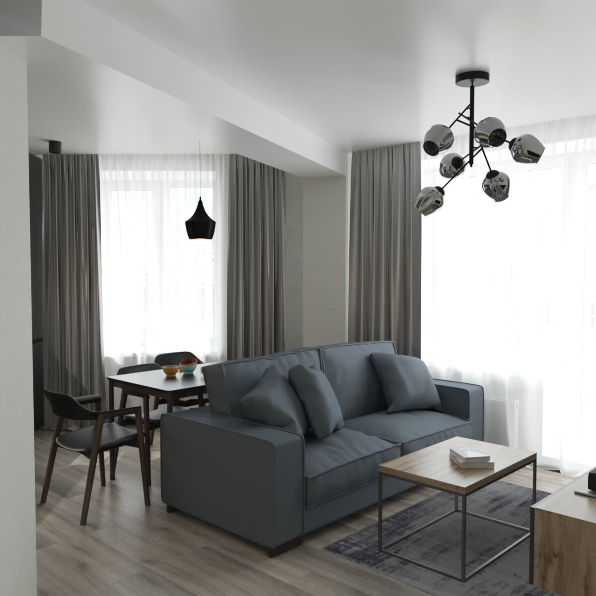 гостиная, кухня гостиная в серых тонах в современном стиле, пик кухня гостиная, дизайн проект квартир, кухня гостиная с диваном