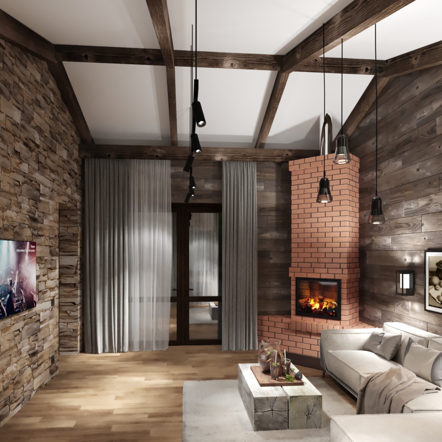 интерьер в стиле эколофт, гостиная в стиле эколофт, интерьер загородного дома, интерьер в стиле лофт в загородном доме, гостиная в стиле лофт