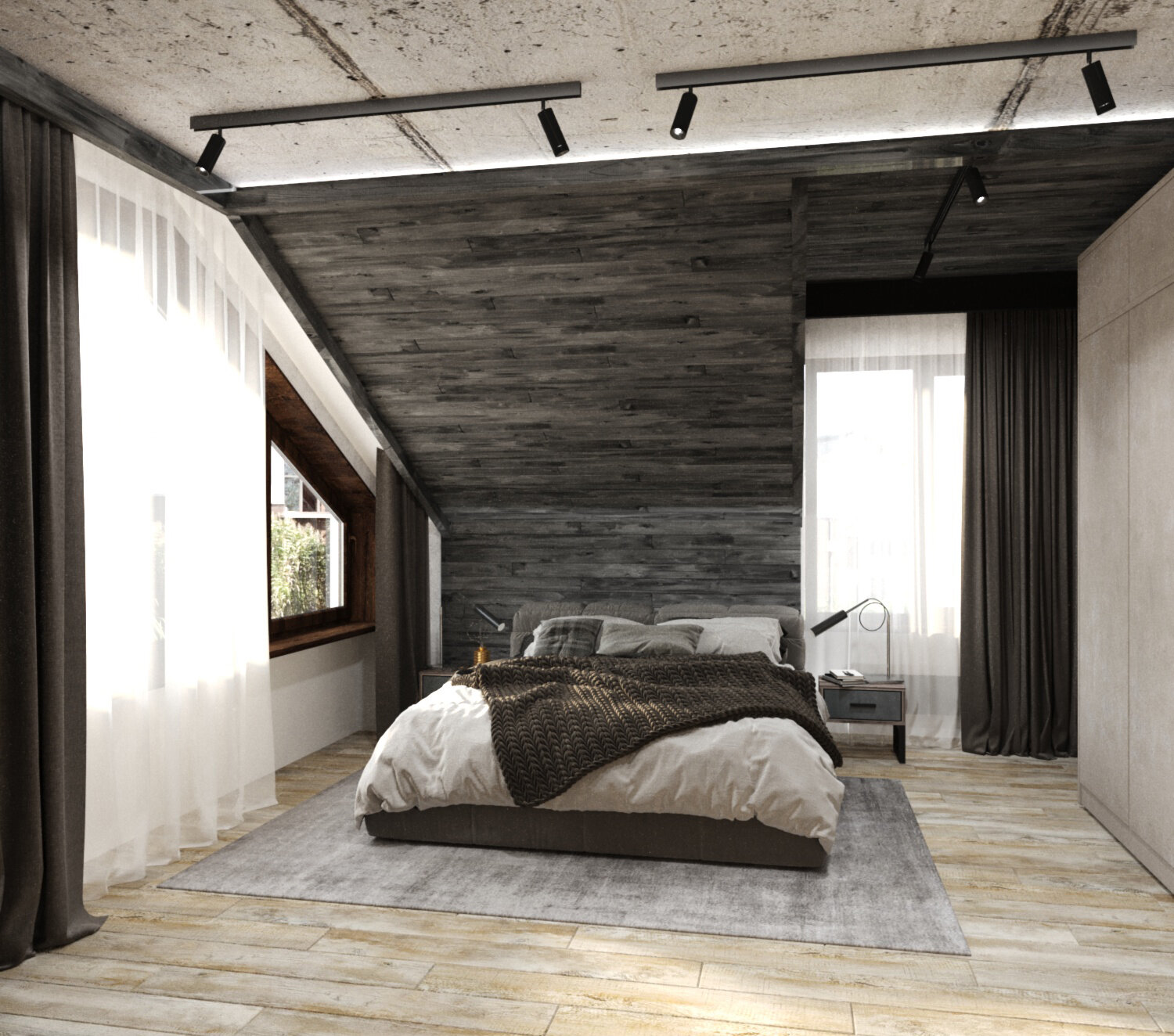 спальня на мансарде в скандинавском стиле, мансарда спальня, спальни в стиле лофт, интерьер мансарды, мансарда дизайн