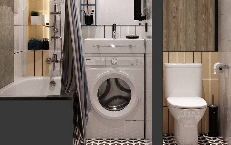 раковина над стиральной машиной, раковина над стиральной, интерьер небольшой ванной, дизайн небольшой ванной, дизайн плитки в ванной с туалетом в современном стиле