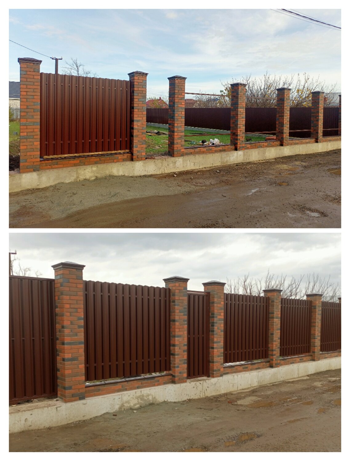 забор со столбами, забор, забор из кирпичных столбов и профнастила, забор с кирпичными столбами, забор ворота