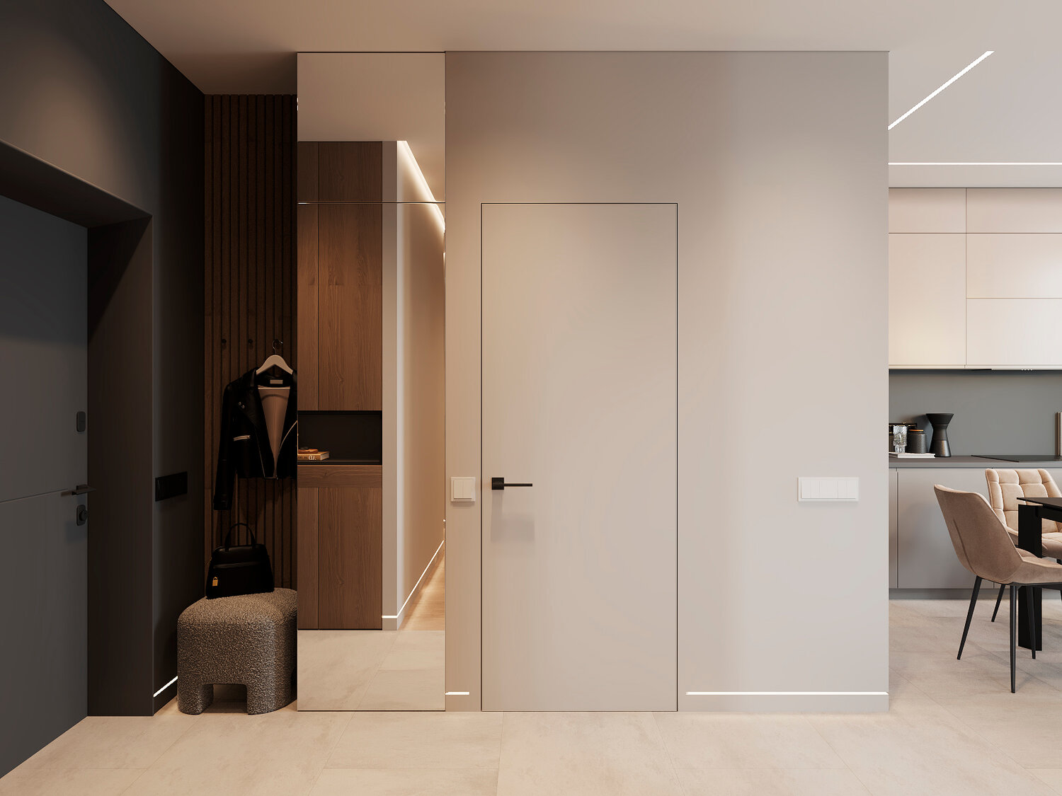 двери в современном интерьере, стильный интерьер прихожей, прихожая в современном стиле дизайн интерьера, интерьер прихожей, прихожая в стиле минимализм