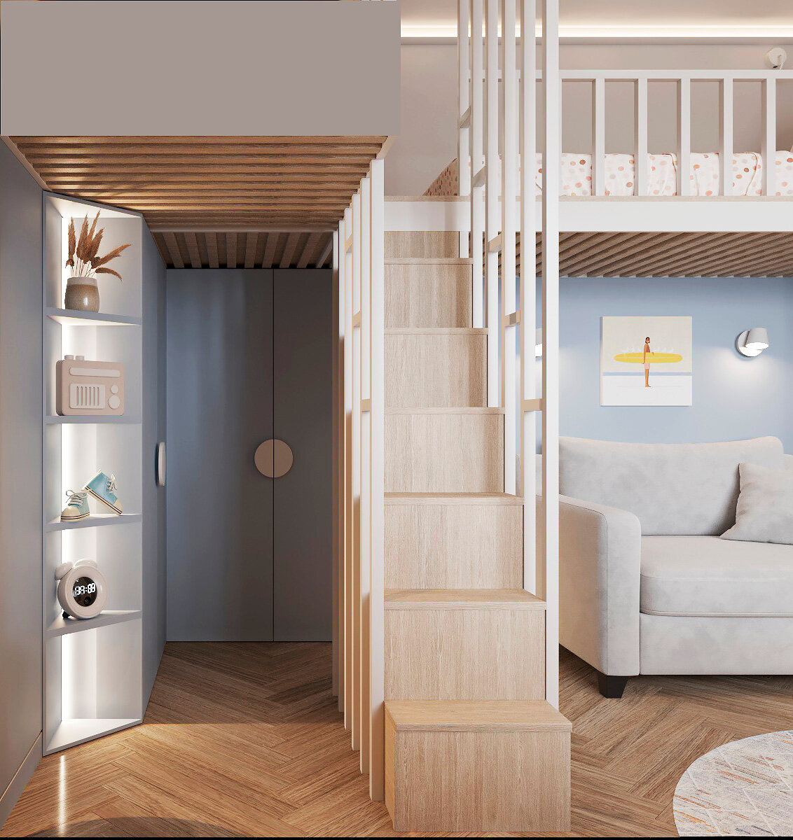 двухъярусная комната, двухуровневая детская комната, антресольный второй ярус кровать, двухуровневые апартаменты, интерьер дома