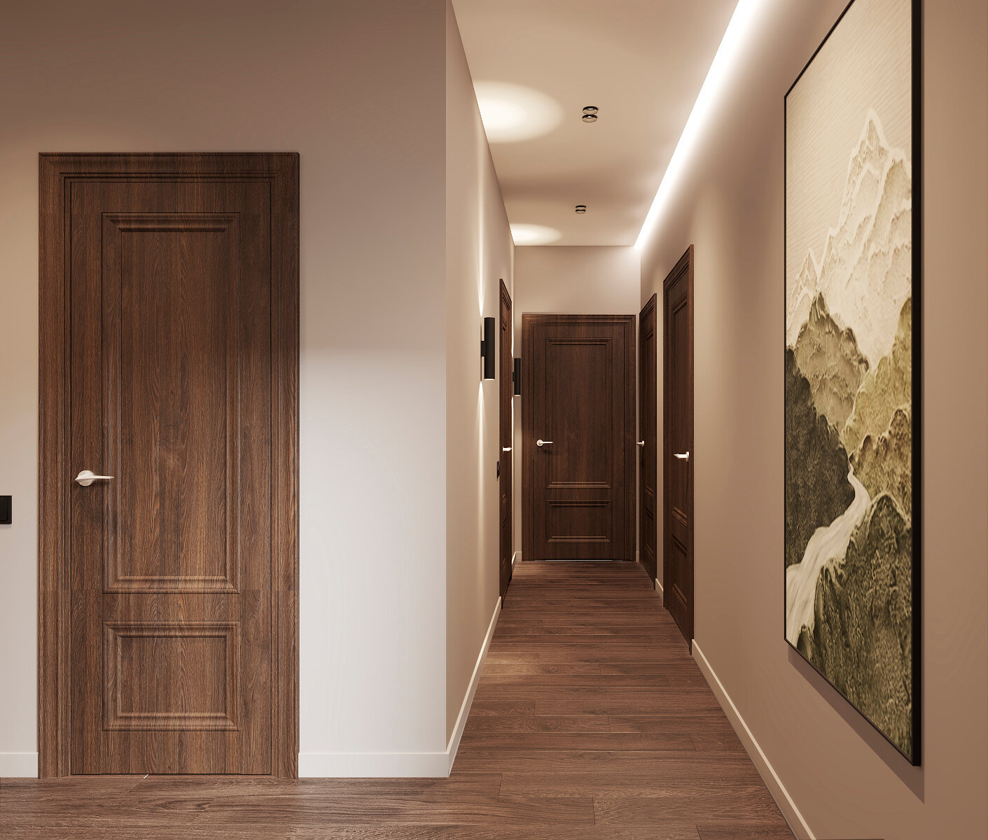 дизайн коридора, коридор с коричневыми дверями, коридор, отделка коридора, дизайн длинного коридора