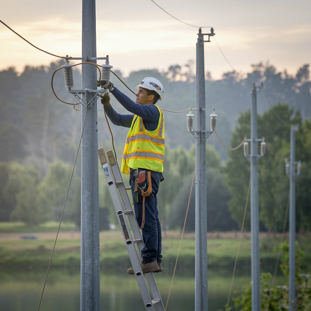 электрик на столбе, электромонтер, электромонтер линейщик высокого напряжения и контактной сети, электричества, электромонтер на столбе