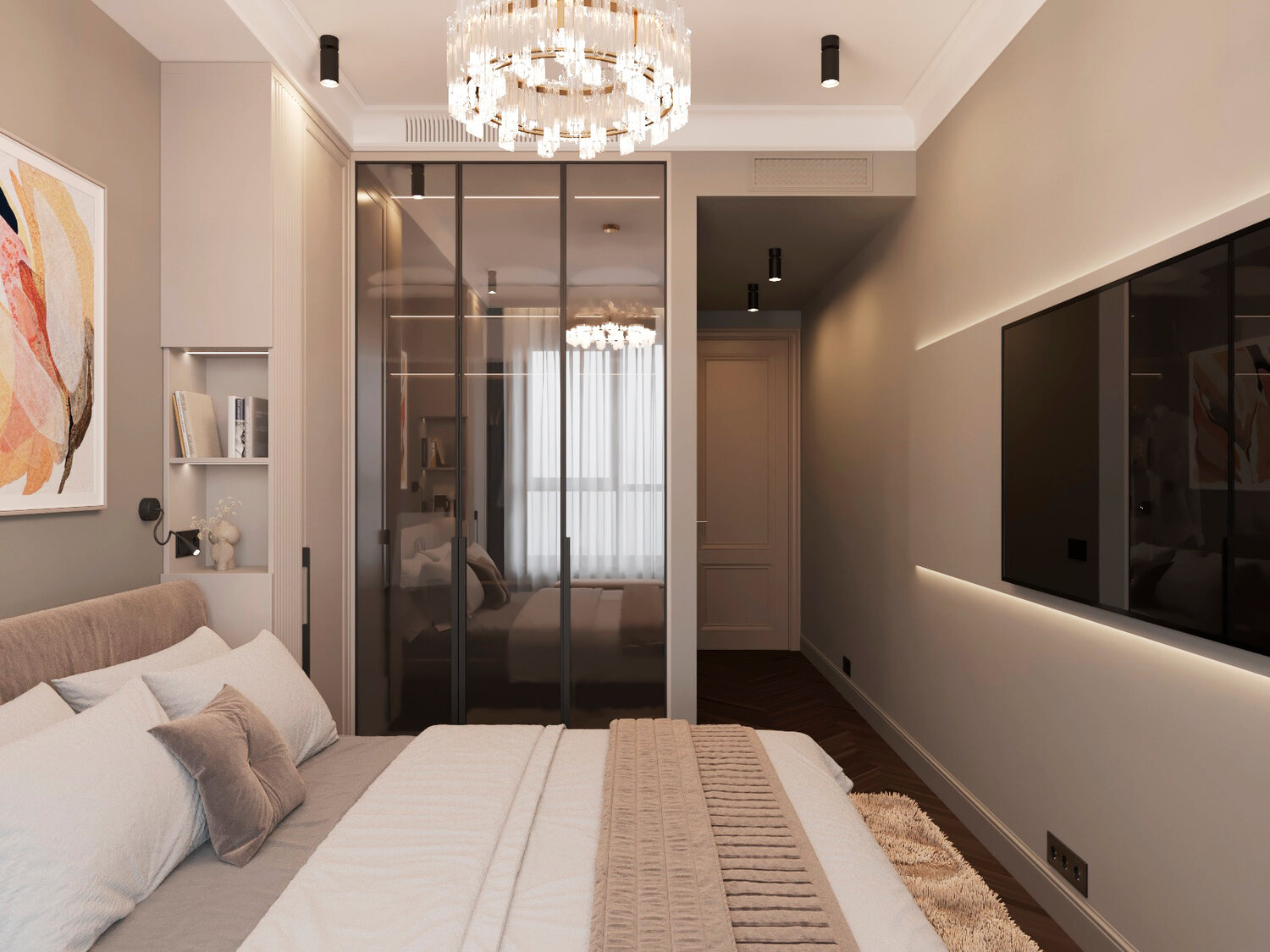 интерьер спальной, интерьер спальни неоклассика, спальня неоклассика, дизайн спальни в современном стиле 2023, интерьер в стиле неоклассика в малогабаритной квартире