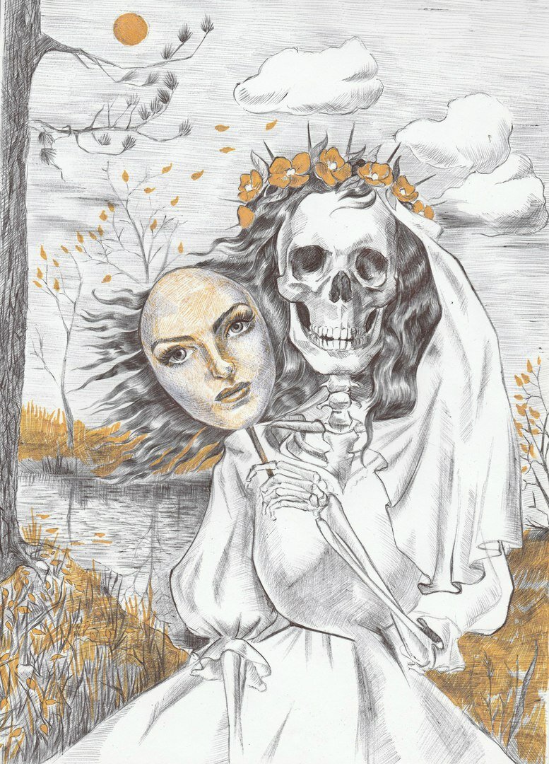 невеста скелет рисунок, череп санта муэрте рисунок, рисунок, картина, чикано череп санта муэрте