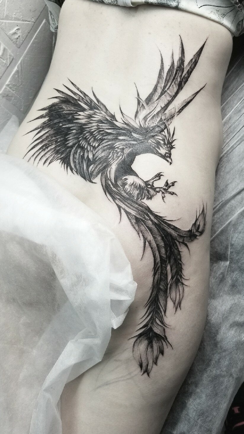 блэк энд грей тату феникс, татуировка, tattoo, тату феникс на ребрах чб, тату феникс на ребрах
