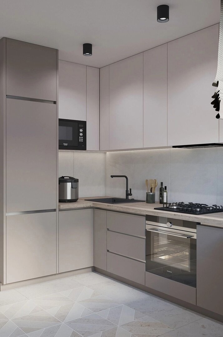 кухни в серо бежевых тонах, дизайн кухни в сером цвете в современном стиле, современная кухня, дизайн кухни, интерьер кухни современный