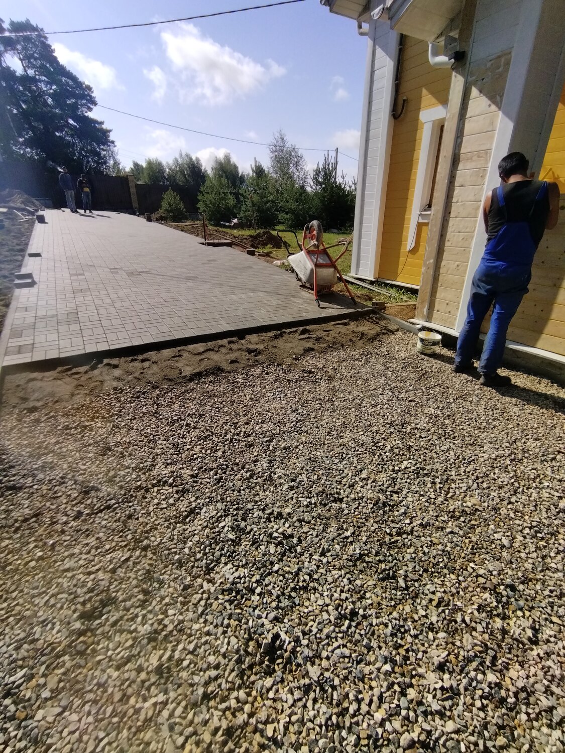отмостка вокруг дома, укладка брусчатка, отмостка вокруг дома из щебня, отмостка вокруг дома щебнем, бетонирование двора