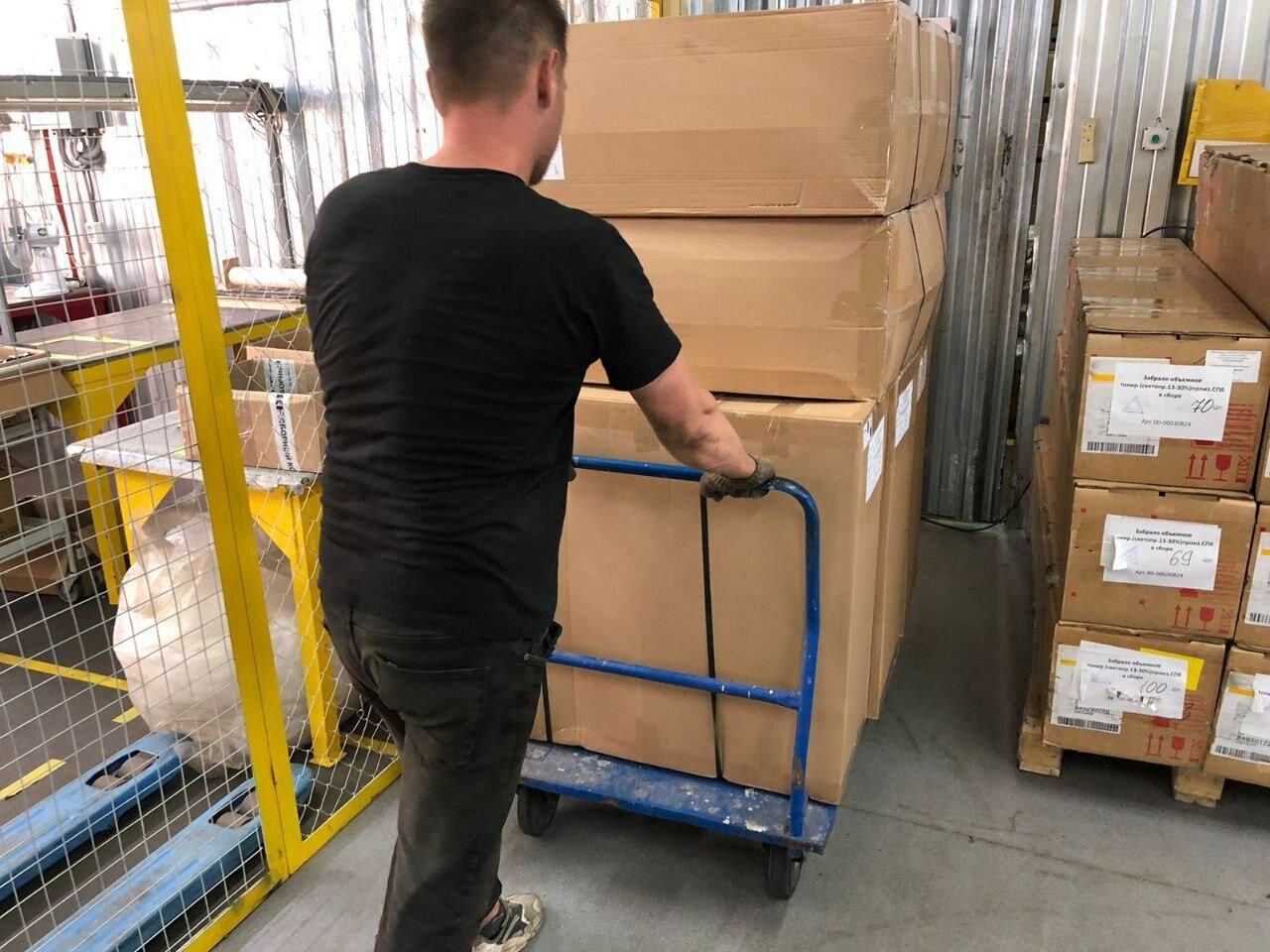 тележка грузовая, грузчик на производстве, коробки на складе, тележка, грузчики на склад