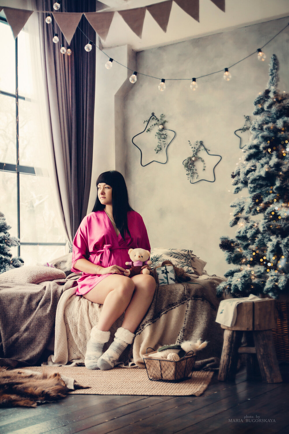новогодняя фотосессия, девушка, новогодняя фотосессия в пижамах, женщина, фотосессия в студии