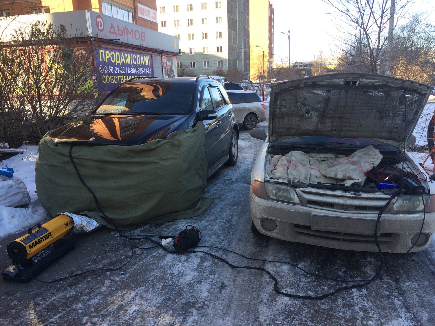 отогрев авто тепловой пушкой, отогрев автомобиля, авто, отогрев авто дизельной пушкой, автомобиль