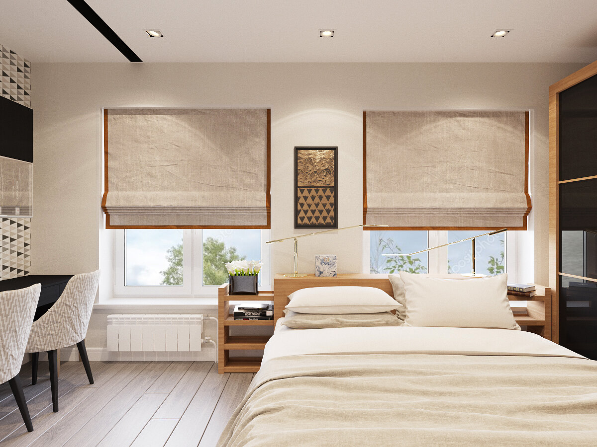 спальня пудровая с римскими шторами, римские шторы деревянные, рулонные шторы в интерьере, римская штора, дизайн интерьера