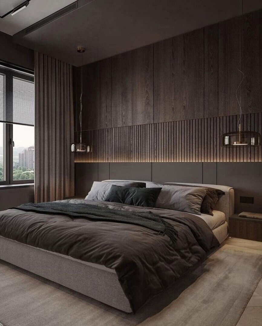 интерьер спальной, интерьер спальни в современном стиле недорого, дизайн мужской спальни в современном стиле, спальни в современном стиле 2024, спальня в темных тонах в современном стиле
