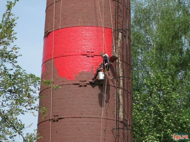 дымовая труба, покраска дымовой трубы из кирпича, консервация кирпичной дымовой трубы, кирпичная промышленная дымовая труба, стяжные кольца дымовой трубы