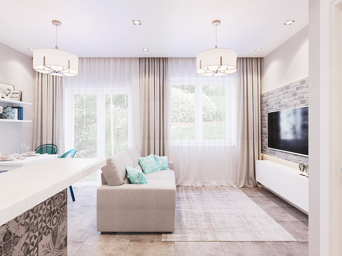 гостиная в пастельных тонах, комната, дизайн интерьера, интерьер, интерьер хрущёвки 2 комнаты светлые тона