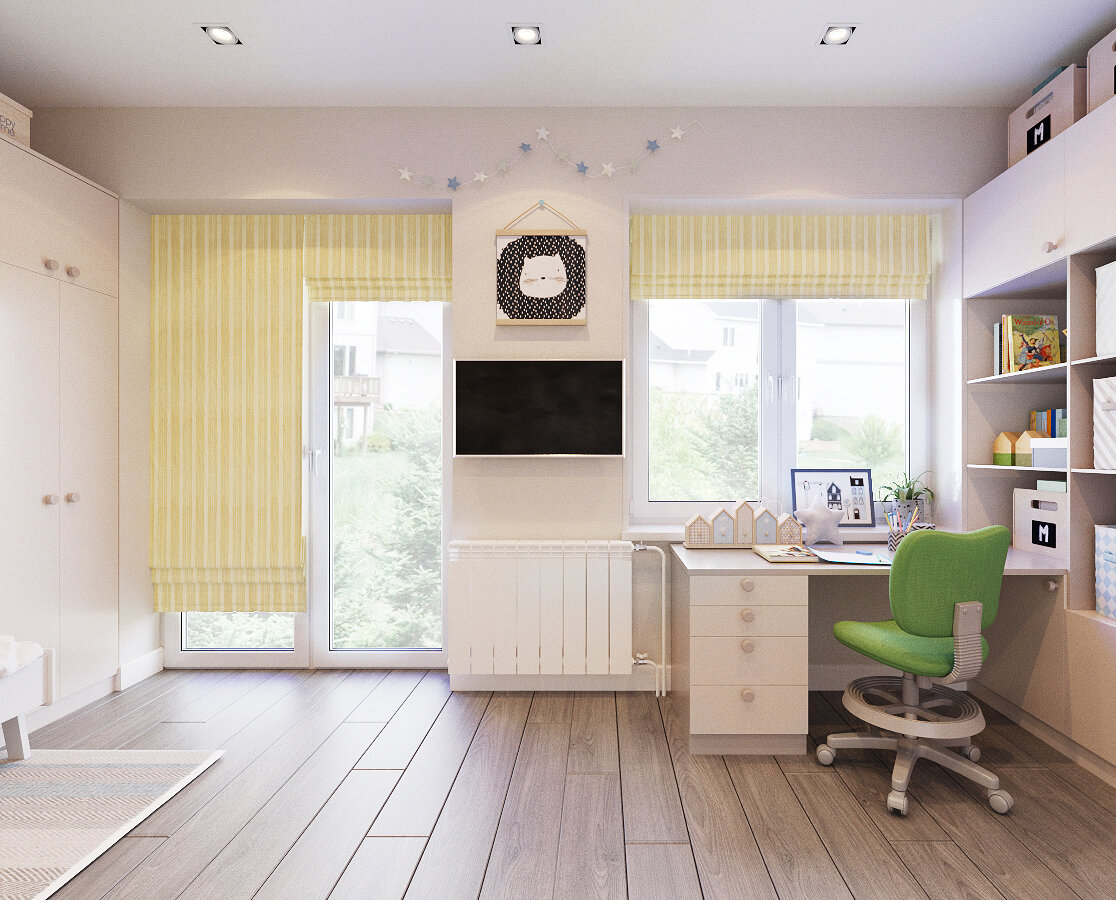 детская комната для школьника девочке рабочая зона у окна, комната, окно в детской комнате, стол перед окном в детской, рабочая зона в детской комнате