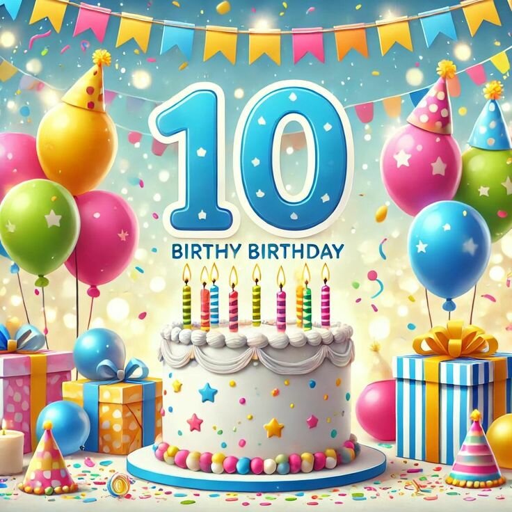 cake birthday greetings 10th birthday, birthy birthday, birthday happy birthday, a birthday cake with candles surrounded by presents and balloons, 10 ������ �������� ����������������