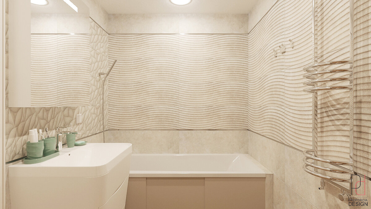 ванная в светлых тонах, ванная комната, плитка увеличивающая пространство в ванной, маленькая светлая ванная комната, волнистая плитка для ванной