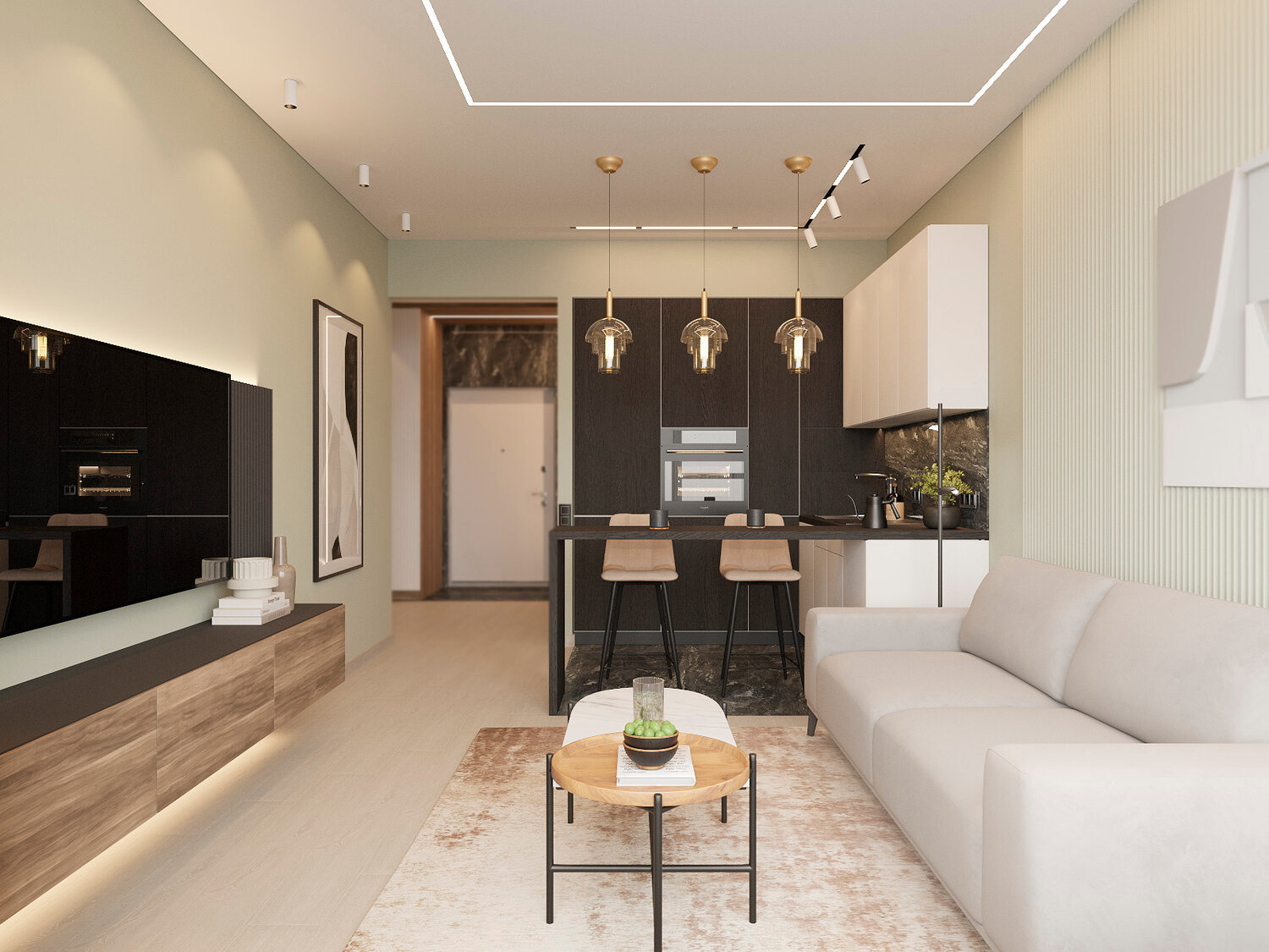 дизайн студии, дизайн интерьера студии, кухня гостиная дизайн, кухня гостиная рендер, дизайн квартиры студии