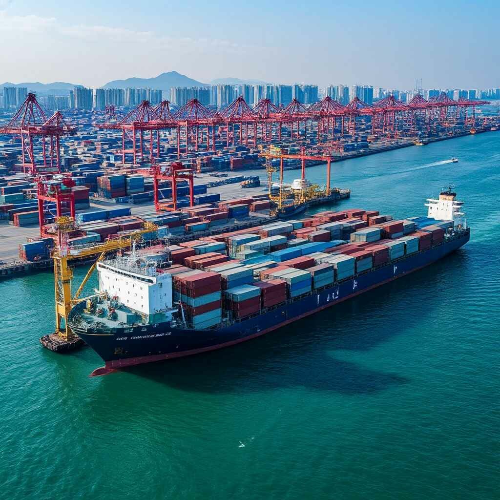 qingdao port, china qingdao port container terminal, cargo ships loaded with containers berthing in qingdao port, �������������������������� �� ����������, cargo ships parked at korean port