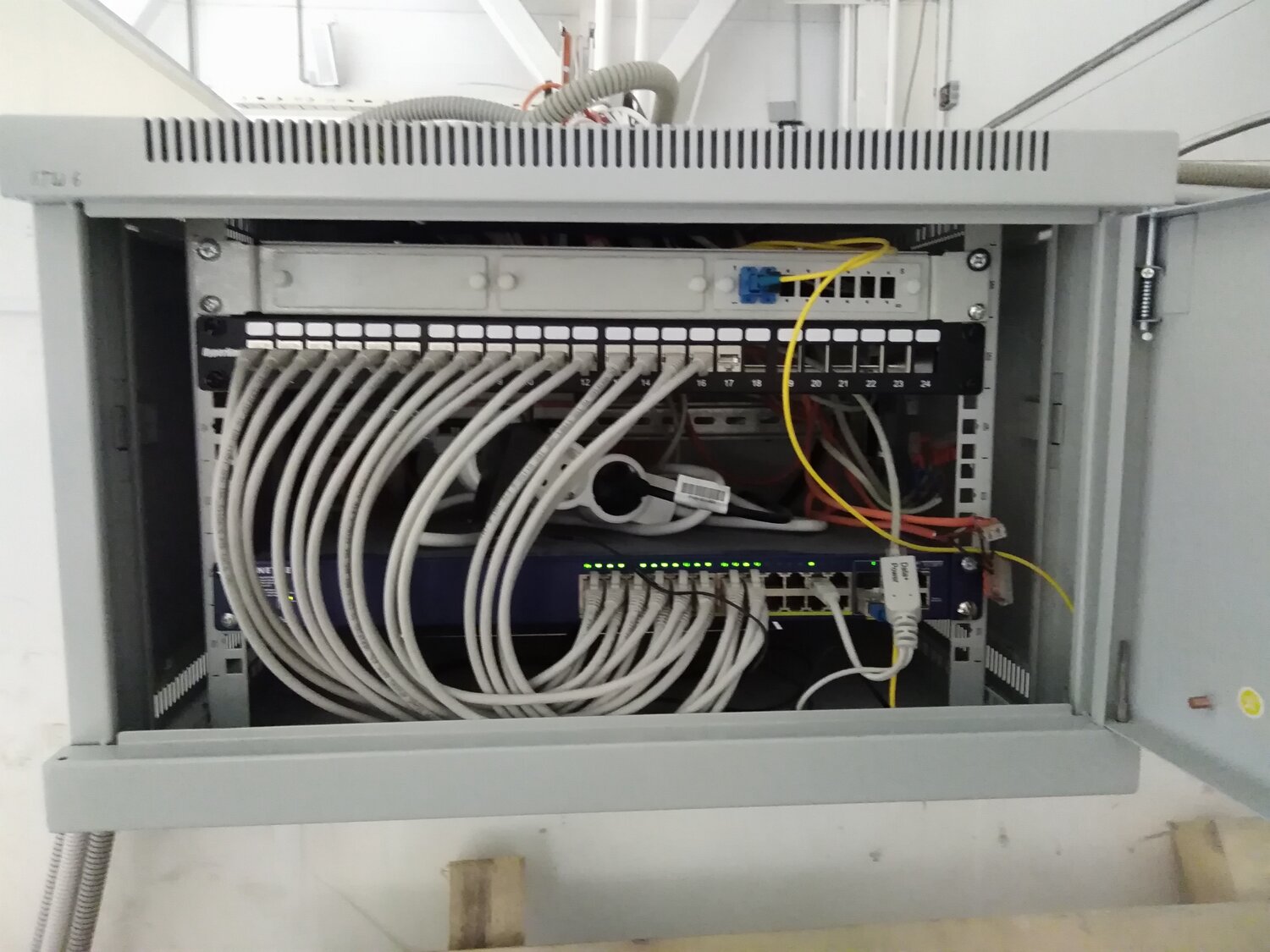 коммутационный шкаф скс hiper line, коммутация в серверном шкафу, коммутатор в 6u шкафу, телекоммуникационное оборудование, шкаф телекоммуникационный 19 расключение