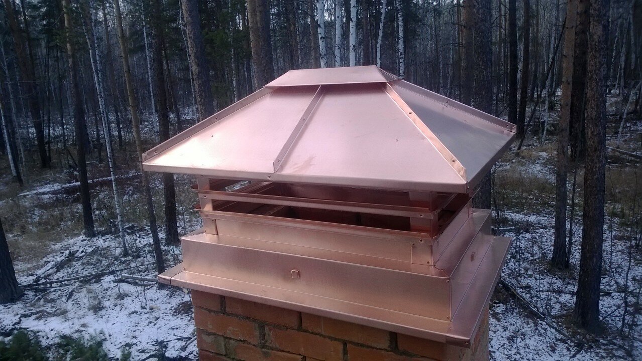 медный колпак на дымоход, дымник, колпак на дымоход с плоской крышкой, колпак на дымоход двухскатный, дымник с сеткой